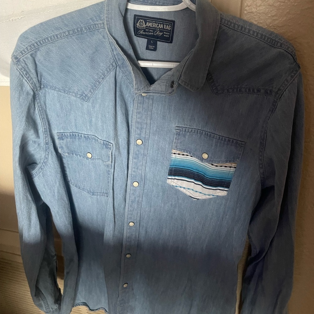 Chambray Denim button up with colored pocket large